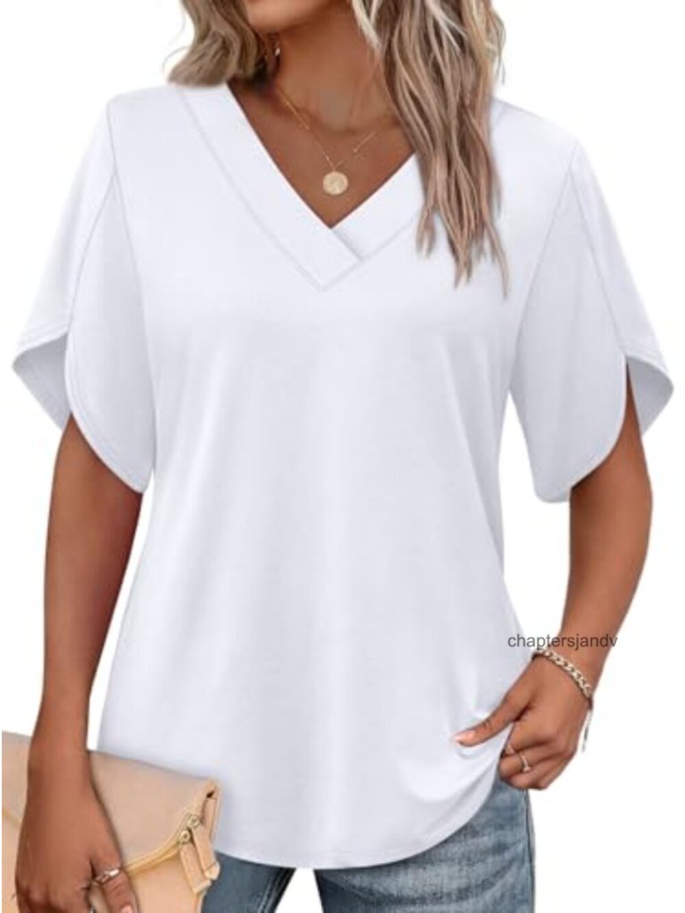 Women's Summer Peasant Top with Petal Sleeves V-Neck Stretchable Lightweight